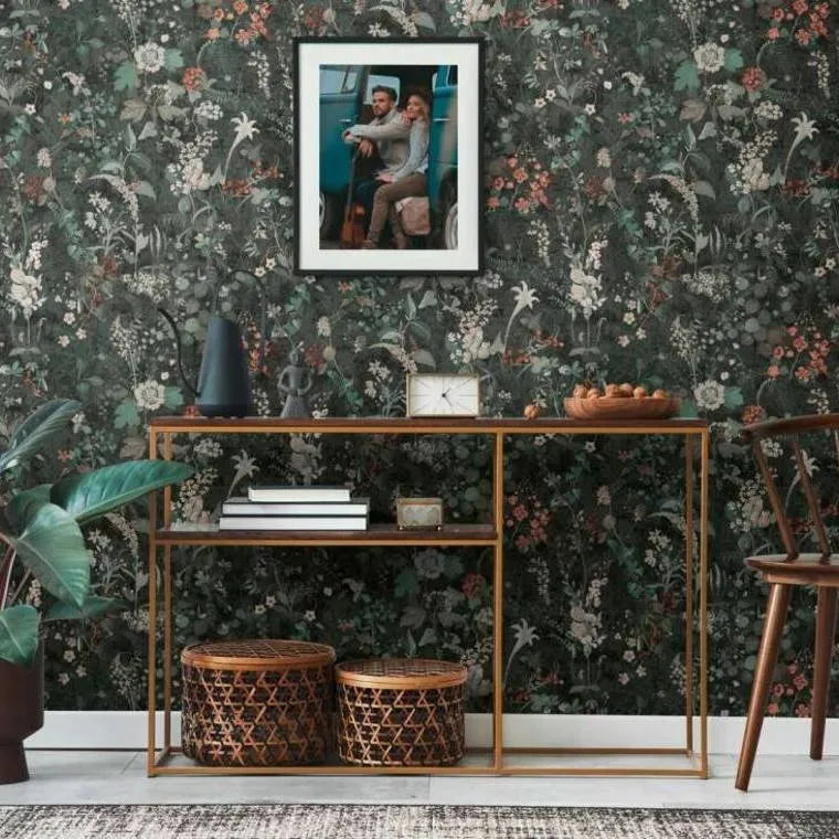Wallpaper installed in a room showing its full pattern, color